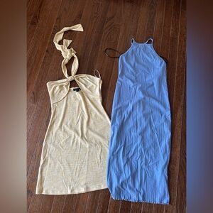 Forever 21 Light Blue Ribbed Maxi Slip Dress & Yellow Ribbed Halter Two-Pack